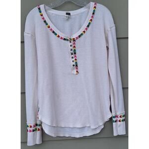 We the Free People Waffle Thermal long sleeves Top Rainbow Embroidered Cream M